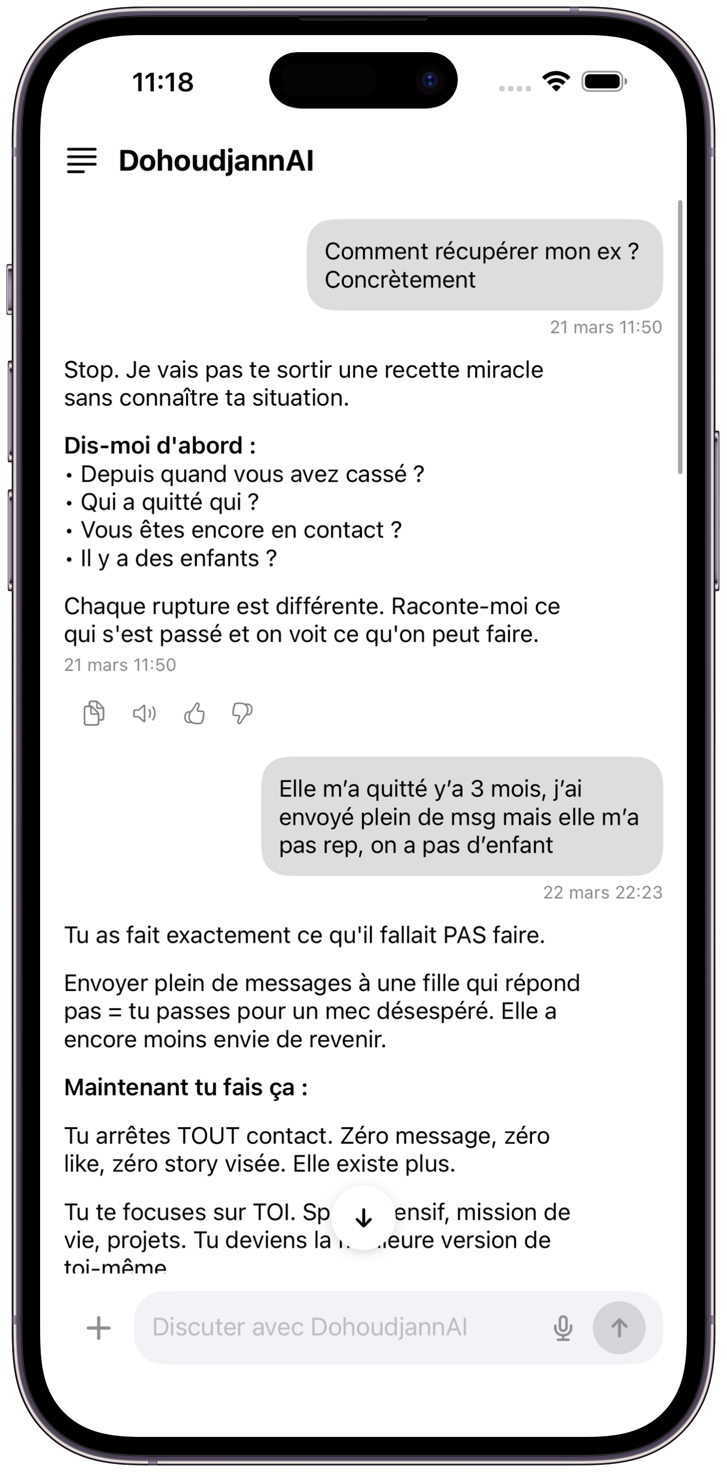 Conversation IA : Comment récupérer mon ex ? Concrètement